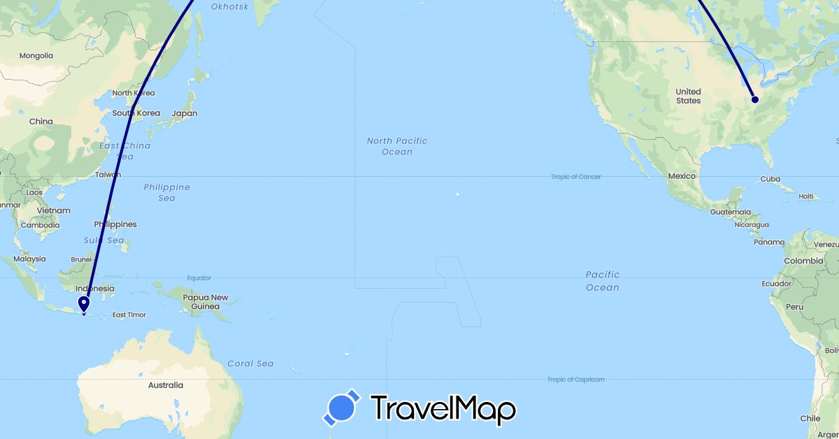 TravelMap itinerary: driving in Indonesia, South Korea, United States (Asia, North America)
